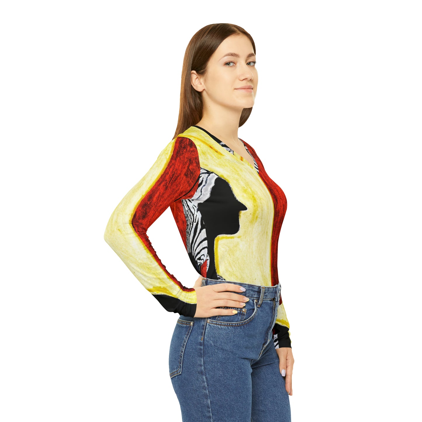 Women's Turbo Yellow Zebra Long Sleeve V-neck Shirt