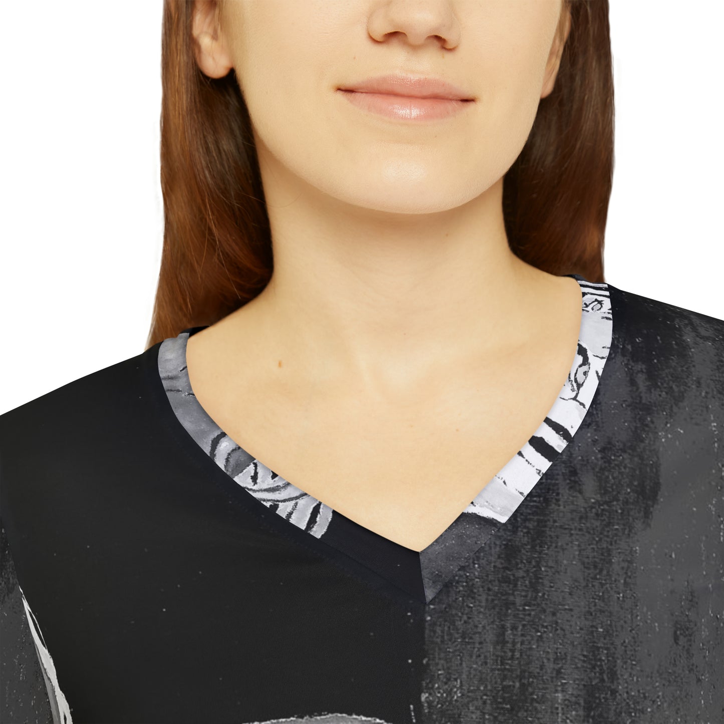 Women's Charcoal Grey Tiger Long Sleeve V-neck Shirt